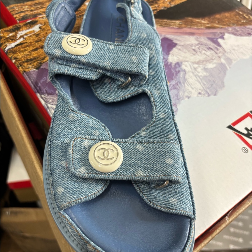 CHANEL Blue and White Sandals with Bow Detail